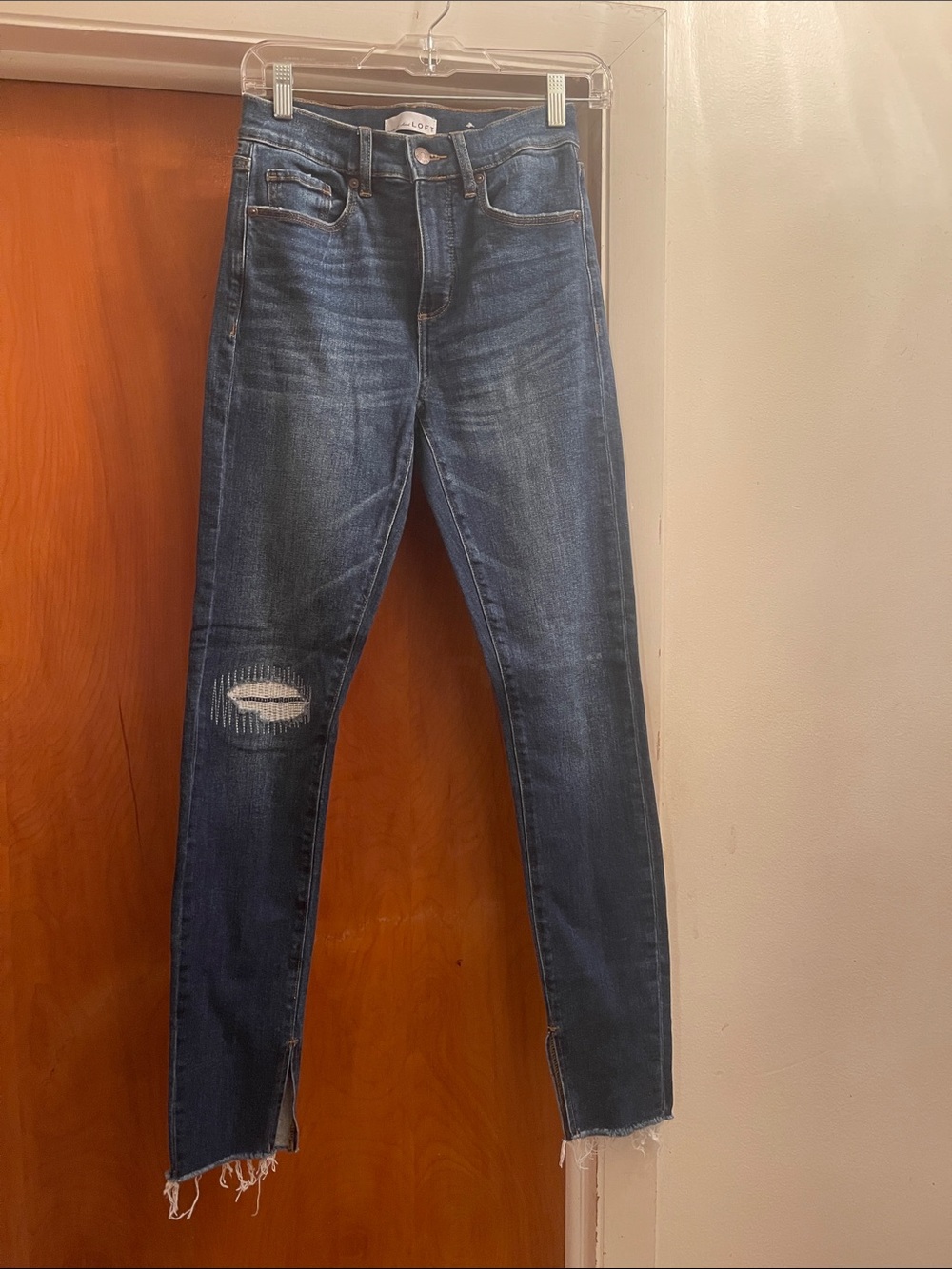 LOFT Indigo Skinny Jeans with Distressed Knee and Frayed Hem
